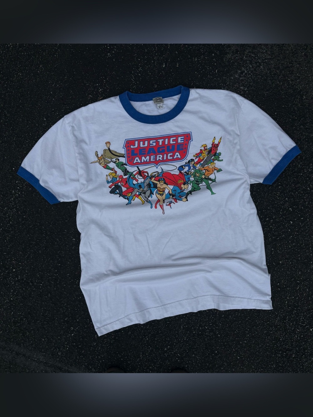 Vintage DC Comics Justice League America White Ringer T-Shirt Size XL Superman